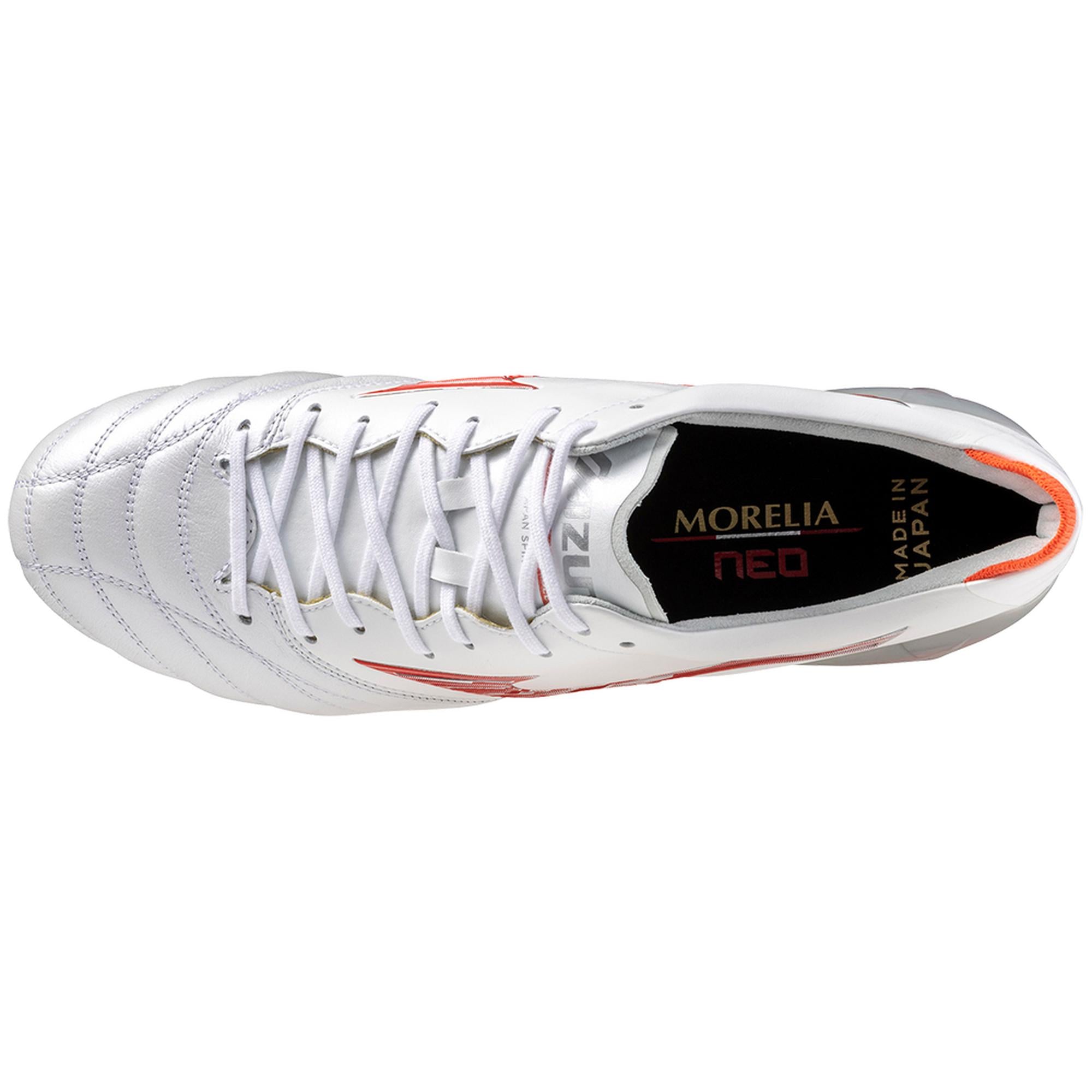 Morelia Neo IV FG Firm Ground Made in Japan KL Soccer Cleat, White/Radiant Red