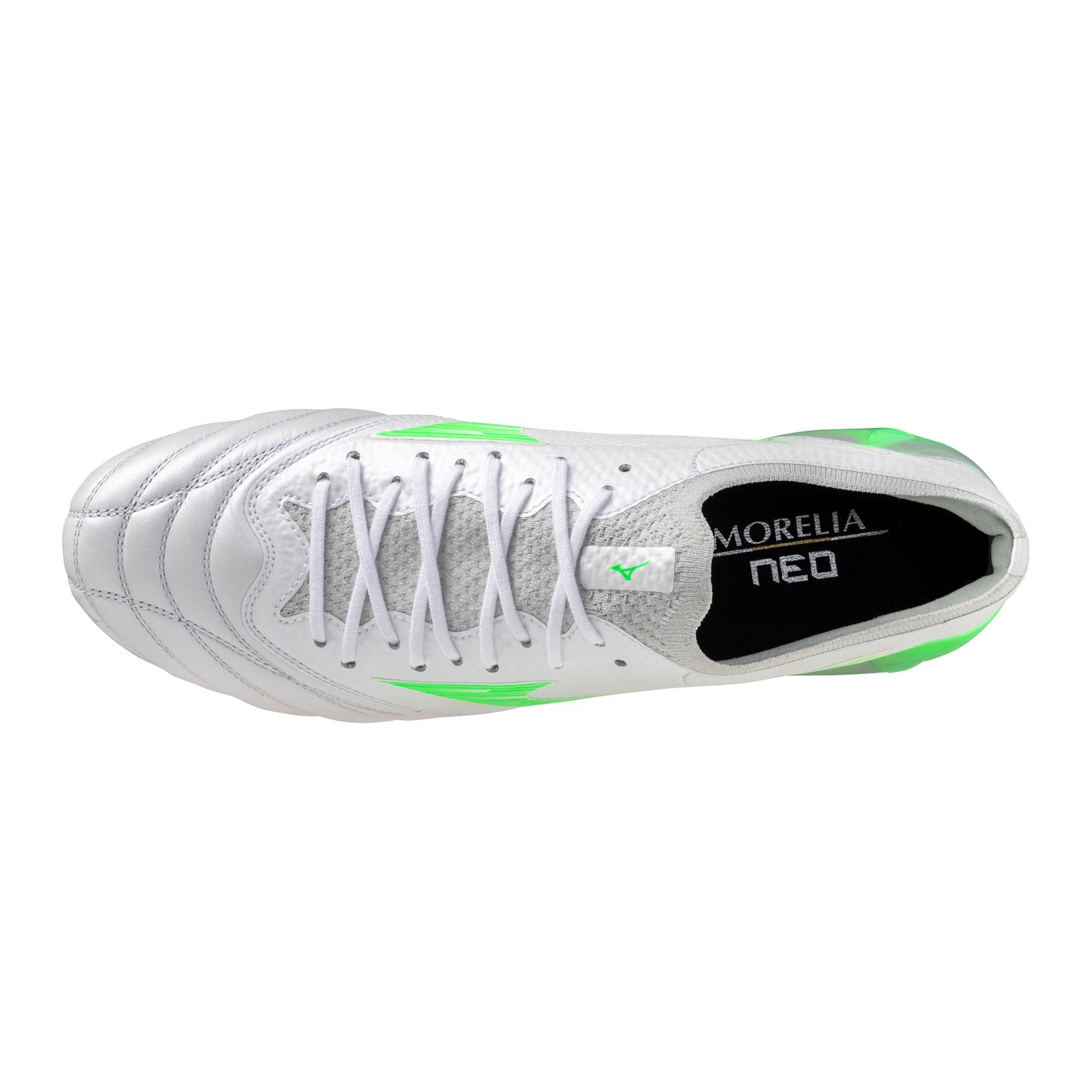 Morelia Neo IV Beta Elite FG Firm Ground KL Soccer Cleat, White/Neon Green